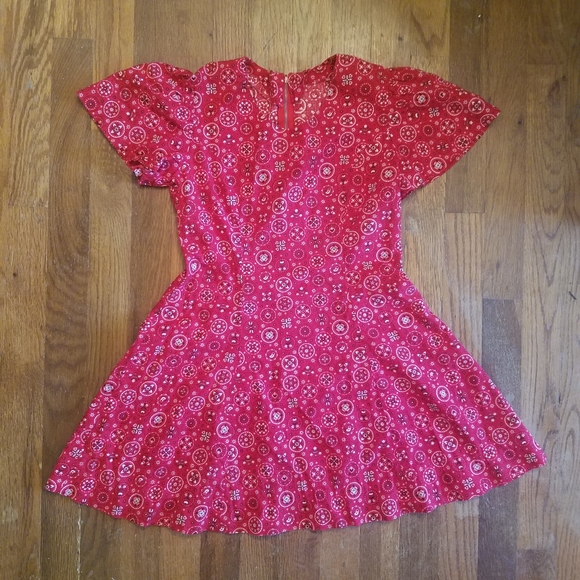 Vintage 70s Handmade Kids Red Bandana Fit & Flair Dress Zip Back Cap Sleeves. - Picture 6 of 10